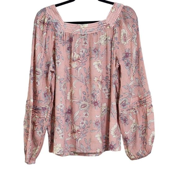LC Lauren Conrad peach & white gingham square neck top Sz L - Picture 2 of 4